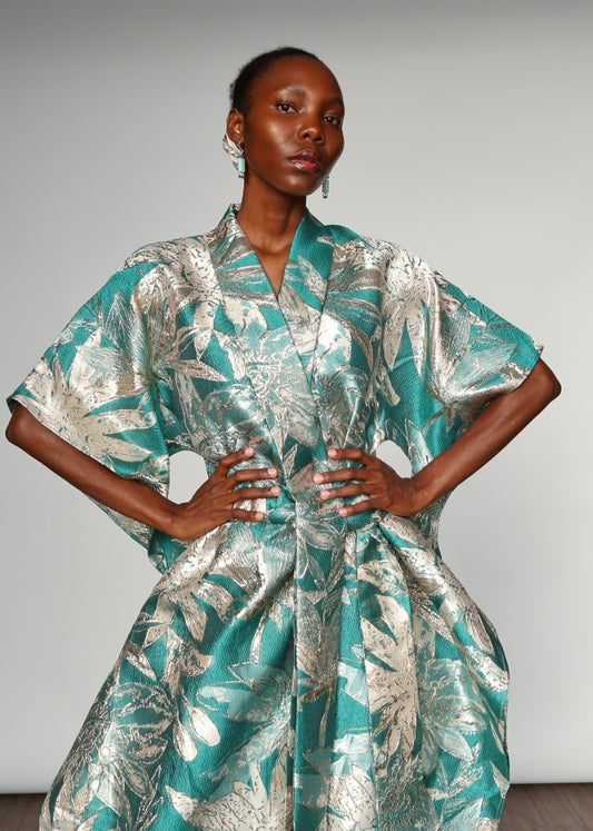 Aryana Structured Brocade Dress - Turquoise