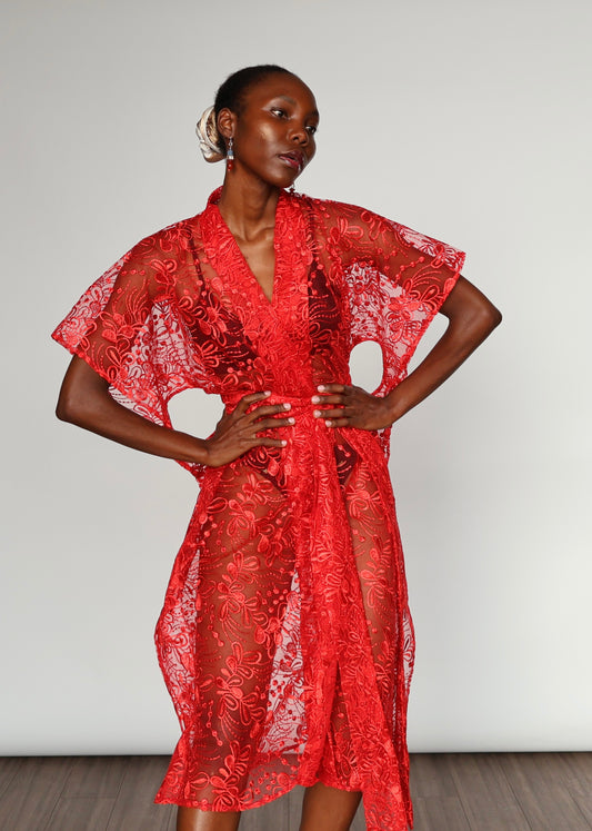 Elena  Embroidered Kimono - Red