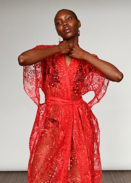 Elena  Embroidered Kimono - Red
