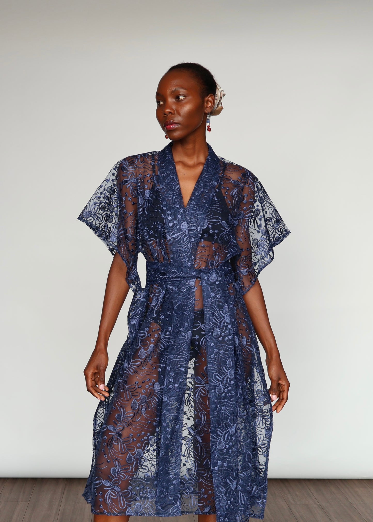 Elena  Embroidered Kimono - Navy Blue