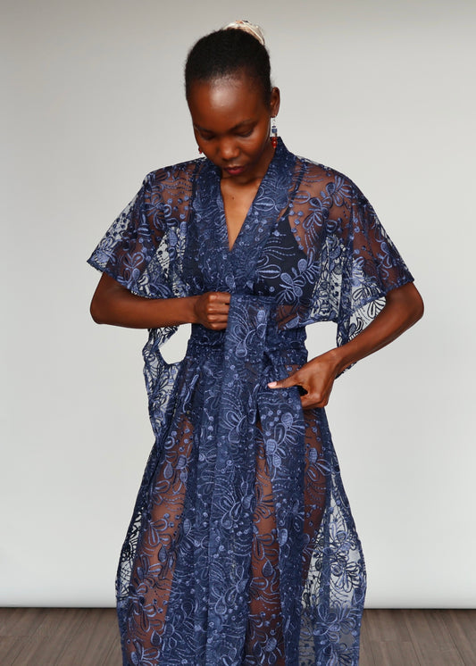 Elena  Embroidered Kimono - Navy Blue